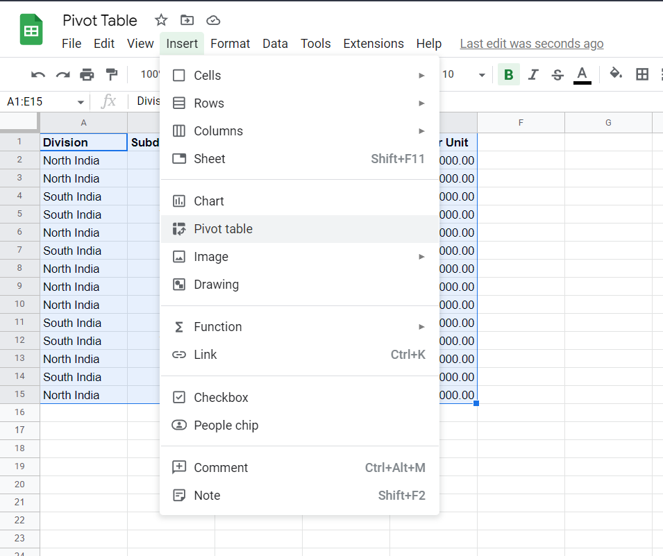 Screenshot 3: Insert Pivot table